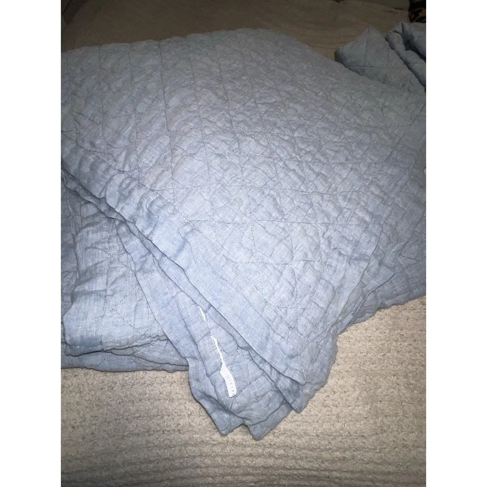 Pottery Barn Belgian Flax Linen Diamond Quilt Chambray Blue F/Q & 2 Euro Shams